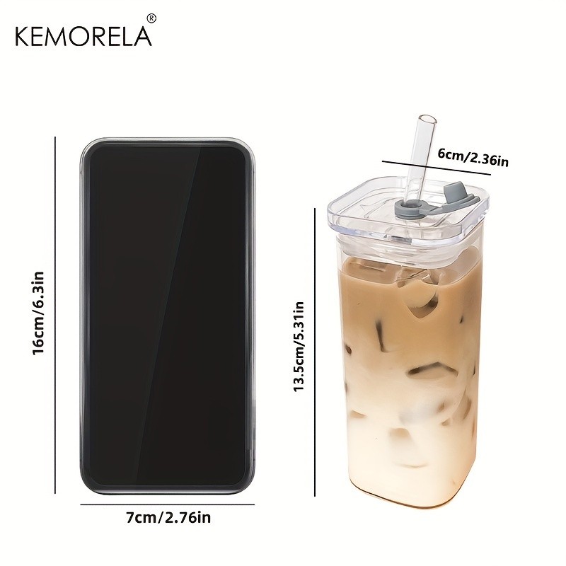 KEMORELA 380ml Portable Rectangular Glass Cup with Lid & Straw (4/6pcs) Heat-Resistant, Durable & Travel-Friendly Drinkware