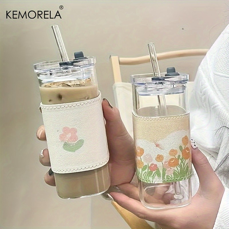 KEMORELA 380ml Portable Rectangular Glass Cup with Lid & Straw (4/6pcs) Heat-Resistant, Durable & Travel-Friendly Drinkware