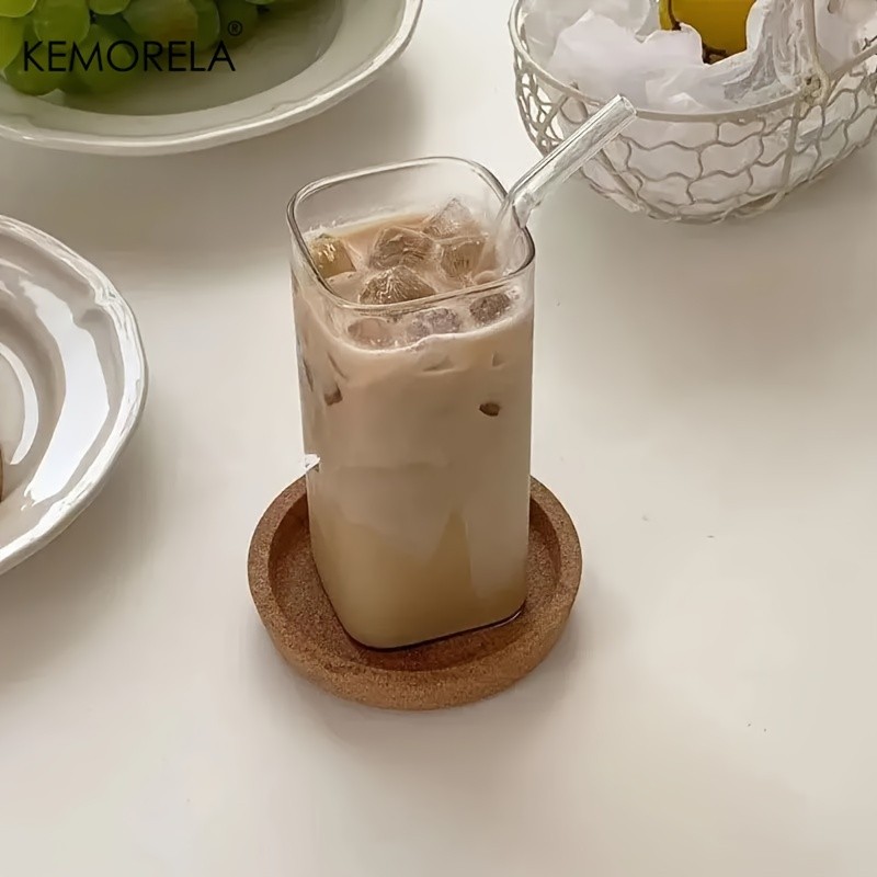 KEMORELA 380ml Portable Rectangular Glass Cup with Lid & Straw (4/6pcs) Heat-Resistant, Durable & Travel-Friendly Drinkware