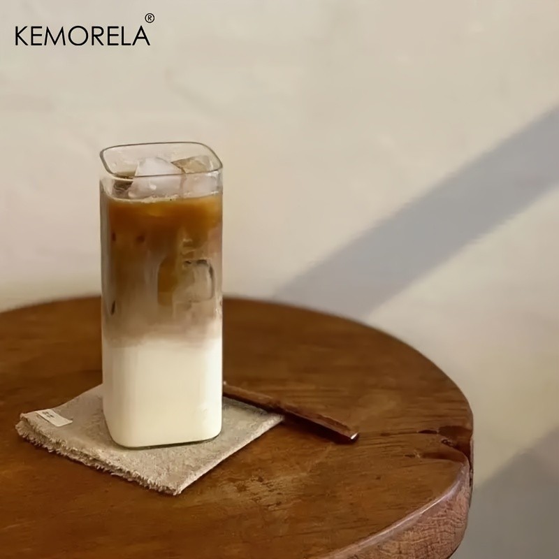 KEMORELA 380ml Portable Rectangular Glass Cup with Lid & Straw (4/6pcs) Heat-Resistant, Durable & Travel-Friendly Drinkware
