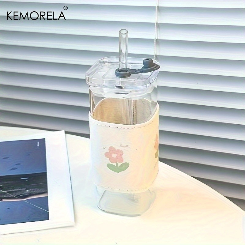 KEMORELA 380ml Portable Rectangular Glass Cup with Lid & Straw (4/6pcs) Heat-Resistant, Durable & Travel-Friendly Drinkware