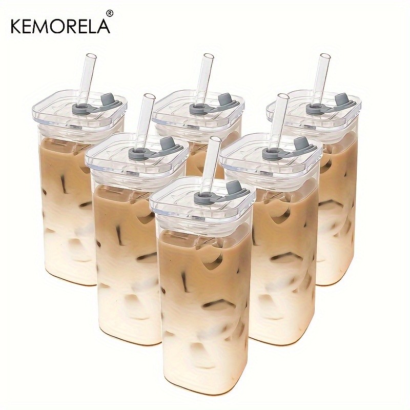 KEMORELA 380ml Portable Rectangular Glass Cup with Lid & Straw (4/6pcs) Heat-Resistant, Durable & Travel-Friendly Drinkware