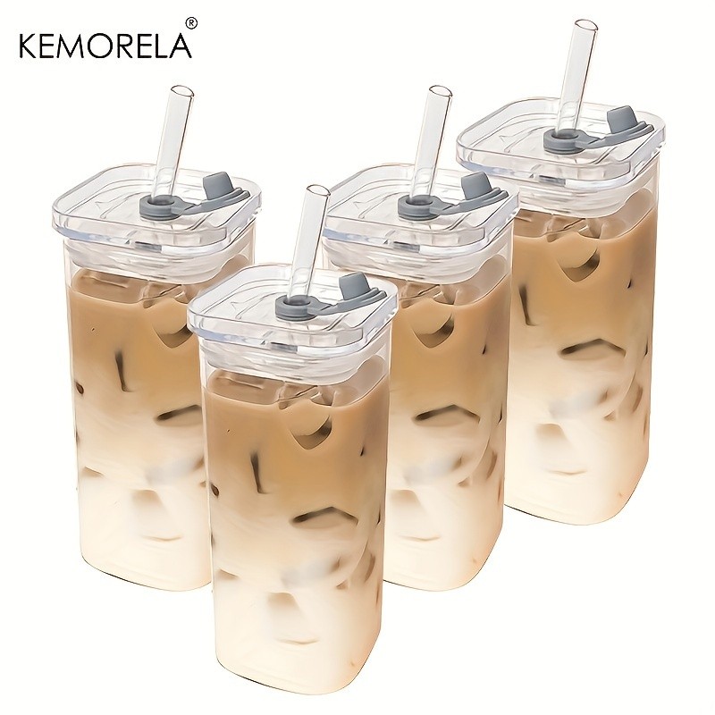 KEMORELA 380ml Portable Rectangular Glass Cup with Lid & Straw (4/6pcs) Heat-Resistant, Durable & Travel-Friendly Drinkware