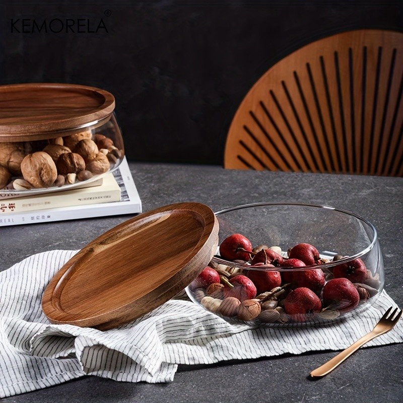 KEMORELA Double Layer Glass Bowl with Wooden Lid Food-Safe Storage Container for Snacks, Fruits, Nuts & Holiday Dcor