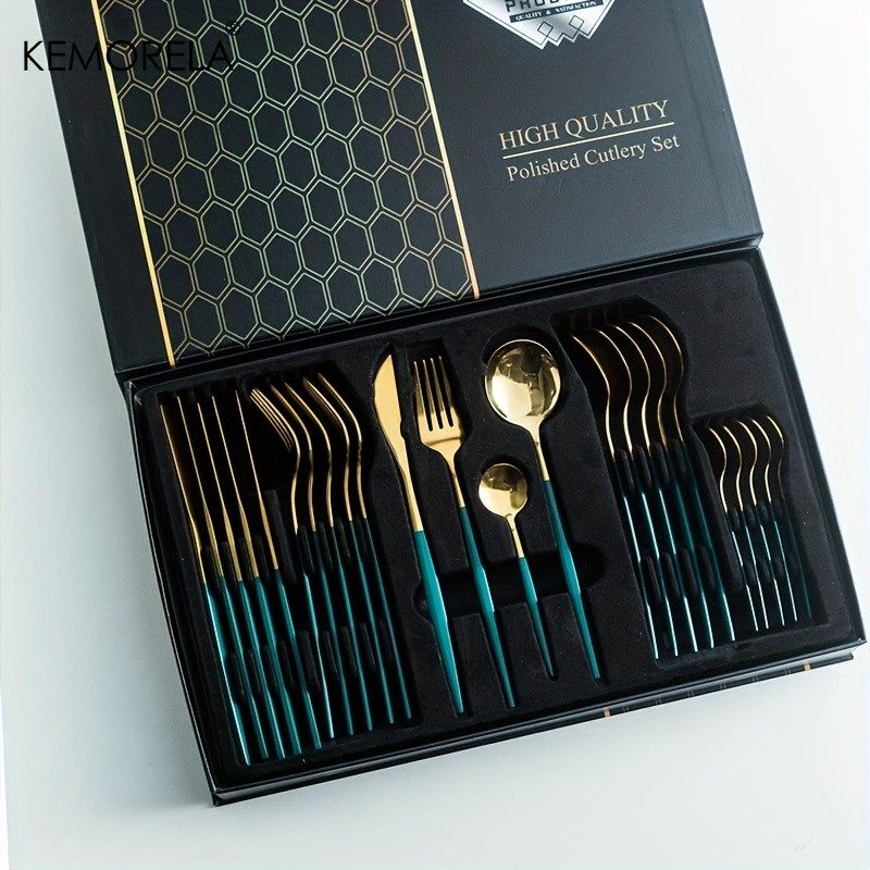 KEMORELA 24pcs Stainless Steel Utensil Collection Premium Knife, Fork & Spoon Cutlery Set (Dishwasher-Safe)