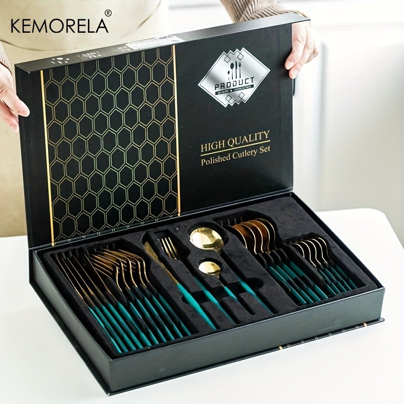 KEMORELA 24pcs Stainless Steel Utensil Collection Premium Knife, Fork & Spoon Cutlery Set (Dishwasher-Safe)