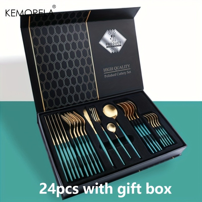 KEMORELA 24pcs Stainless Steel Utensil Collection Premium Knife, Fork & Spoon Cutlery Set (Dishwasher-Safe)