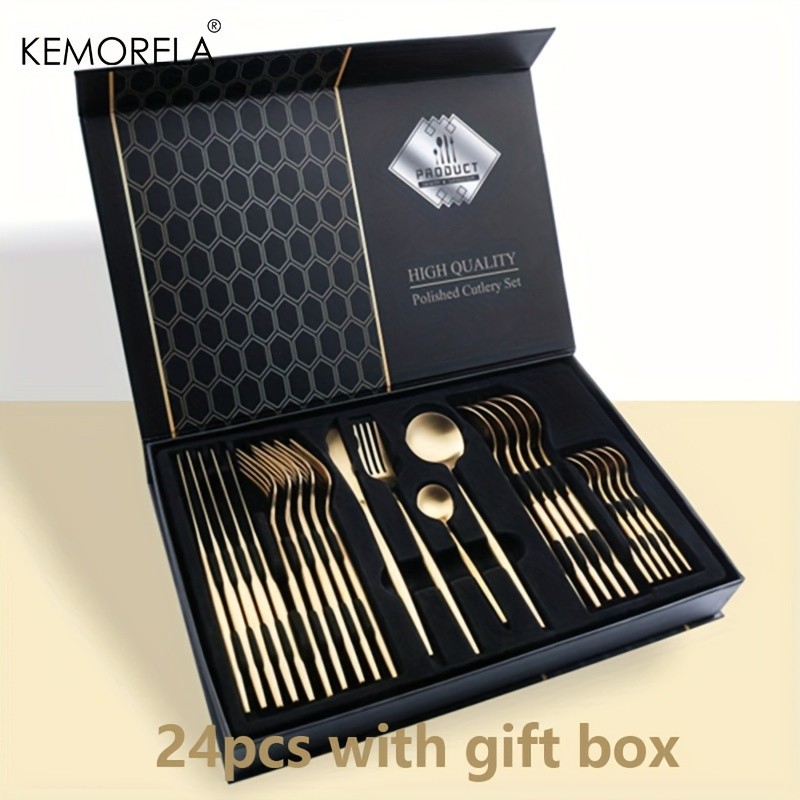 KEMORELA 24pcs Stainless Steel Utensil Collection Premium Knife, Fork & Spoon Cutlery Set (Dishwasher-Safe)