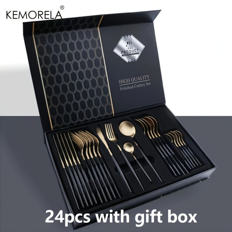 KEMORELA 24pcs Stainless Steel Utensil Collection Premium Knife, Fork & Spoon Cutlery Set (Dishwasher-Safe)
