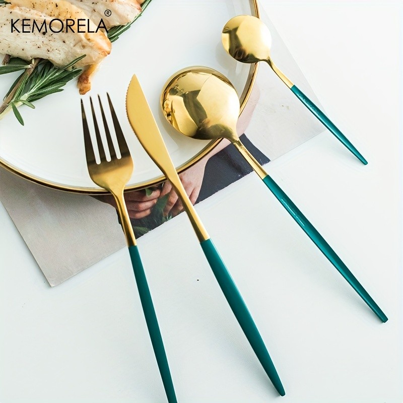 KEMORELA 24pcs Stainless Steel Utensil Collection Premium Knife, Fork & Spoon Cutlery Set (Dishwasher-Safe)