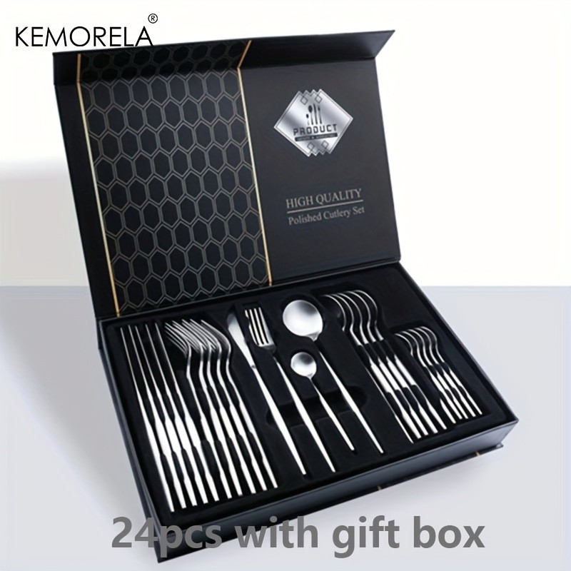 KEMORELA 24pcs Stainless Steel Utensil Collection Premium Knife, Fork & Spoon Cutlery Set (Dishwasher-Safe)