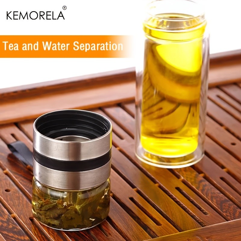 KEMORELA Double-Layer Glass Tea Brewing Bottle Leak-Proof Travel Cup with Water & Tea Separation Design