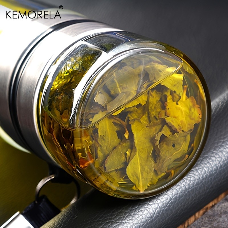 KEMORELA Double-Layer Glass Tea Brewing Bottle Leak-Proof Travel Cup with Water & Tea Separation Design