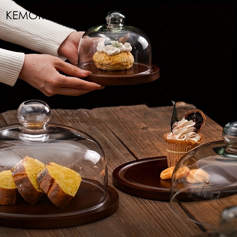 KEMORELA Wooden Round Dessert Plate with Glass Dome Natural Wood Serving Tray for Cakes, Fruits & Snacks