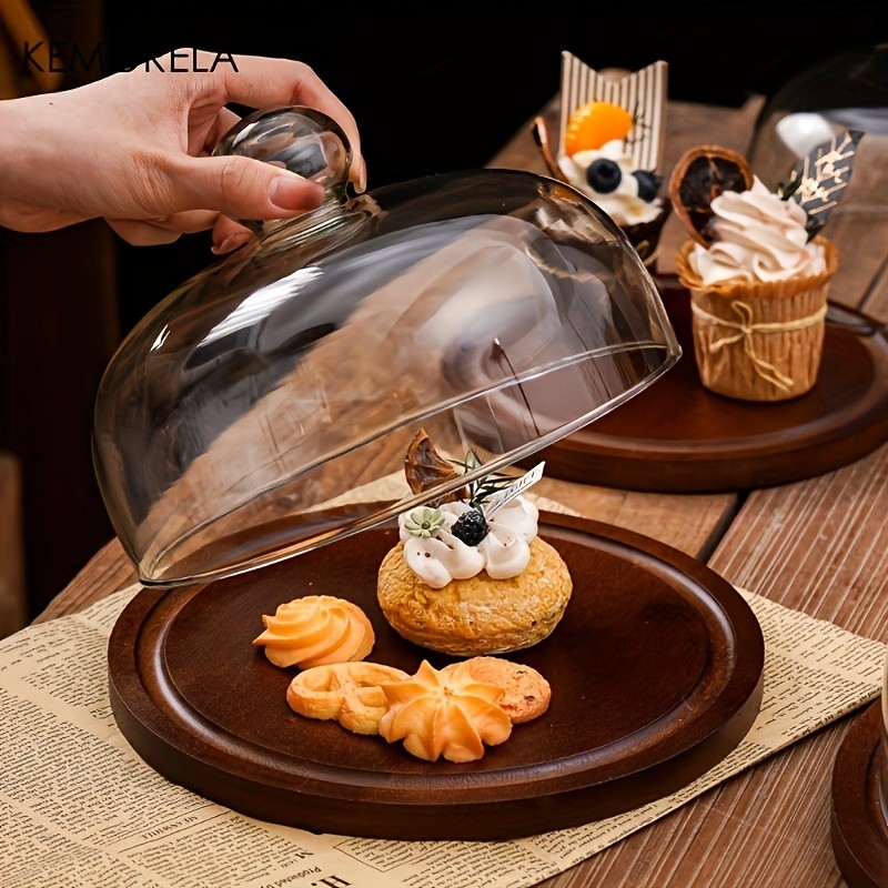 KEMORELA Wooden Round Dessert Plate with Glass Dome Natural Wood Serving Tray for Cakes, Fruits & Snacks