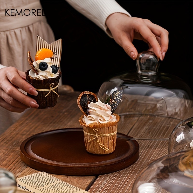 KEMORELA Wooden Round Dessert Plate with Glass Dome Natural Wood Serving Tray for Cakes, Fruits & Snacks