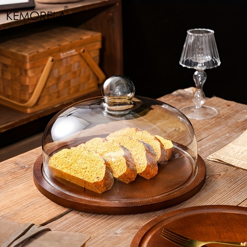 KEMORELA Wooden Round Dessert Plate with Glass Dome Natural Wood Serving Tray for Cakes, Fruits & Snacks