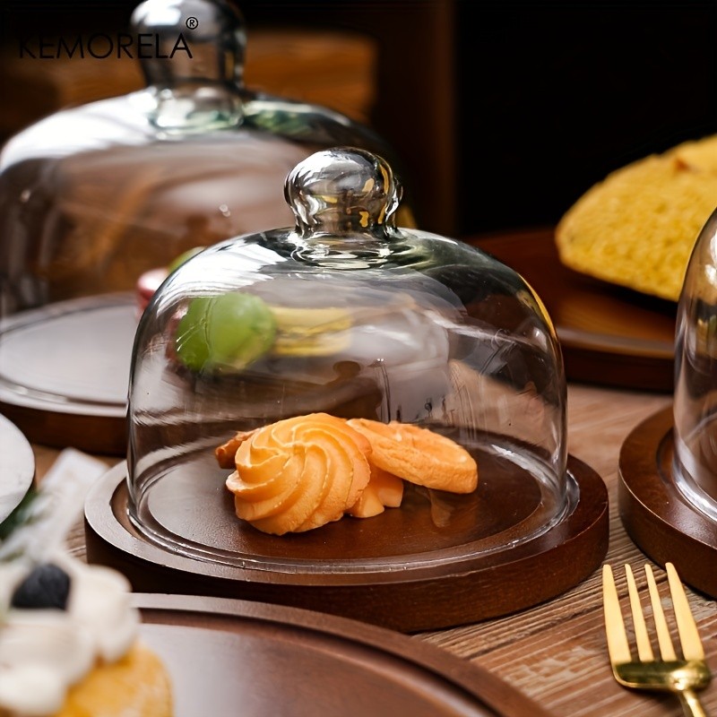 KEMORELA Wooden Round Dessert Plate with Glass Dome Natural Wood Serving Tray for Cakes, Fruits & Snacks
