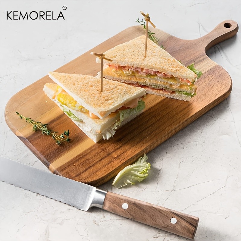 KEMORELA Acacia Wood Cutting Board with Handle Extra Long Natural Grain Serving Board for Cheese, Charcuterie, Bread & Fruit