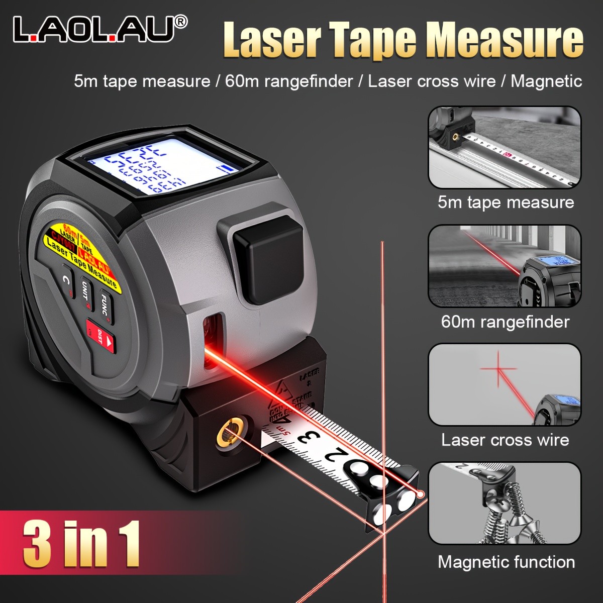 LAOLAU 3-in-1 Laser Distance Measuring Tape