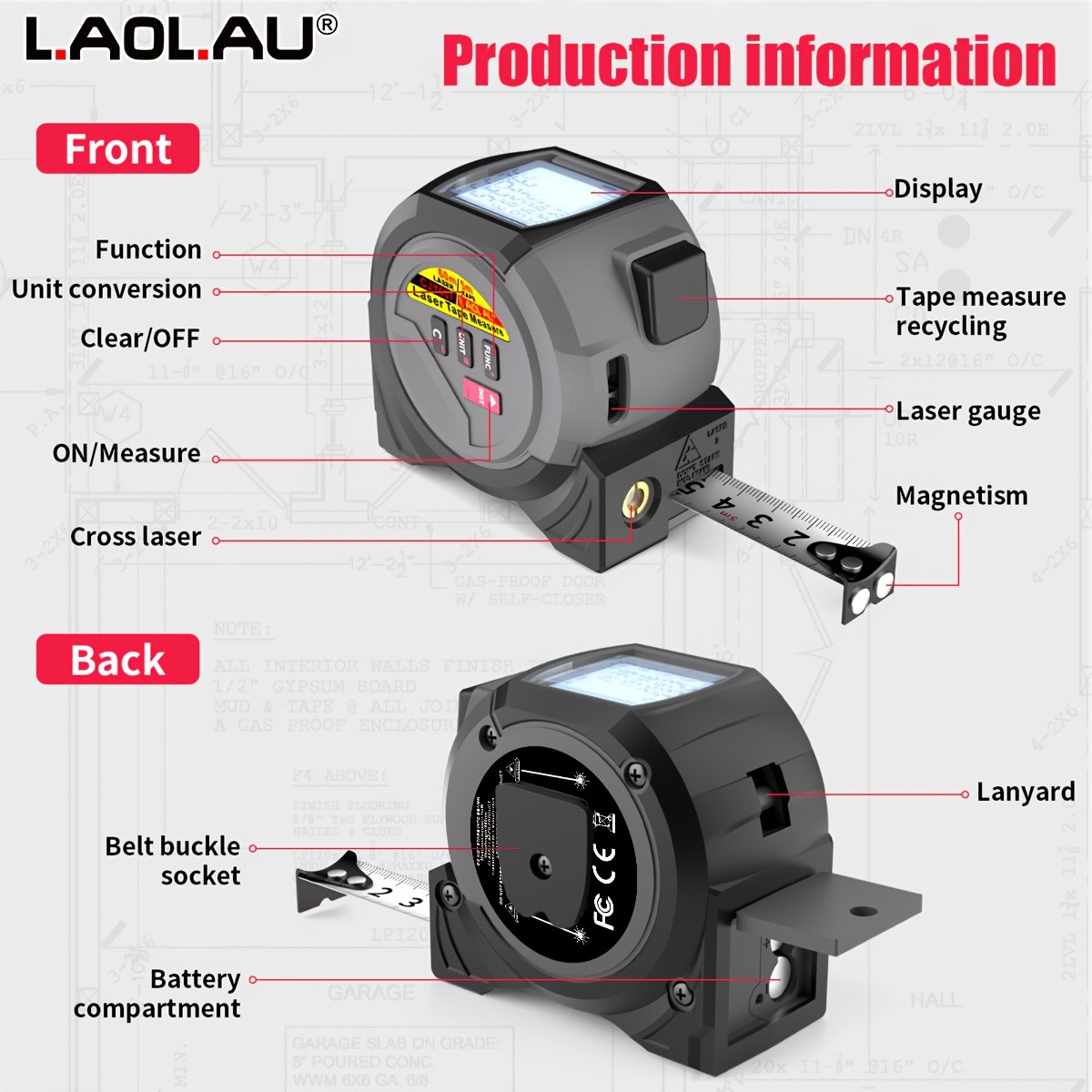 LAOLAU 3-in-1 Laser Distance Measuring Tape