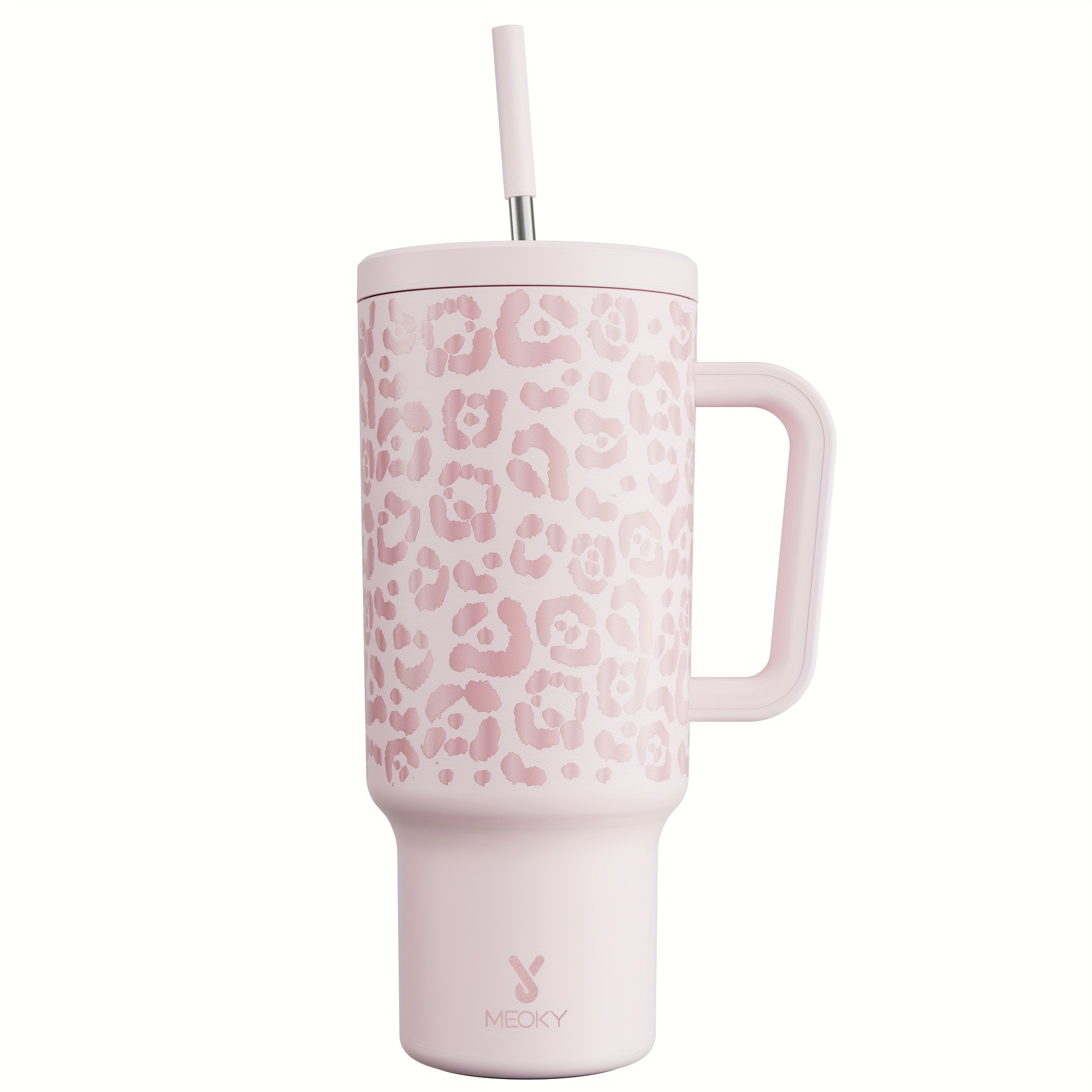 MEOKY 40oz Stainless Steel Round Handle Cup with Leopard Print and Snowflake Design