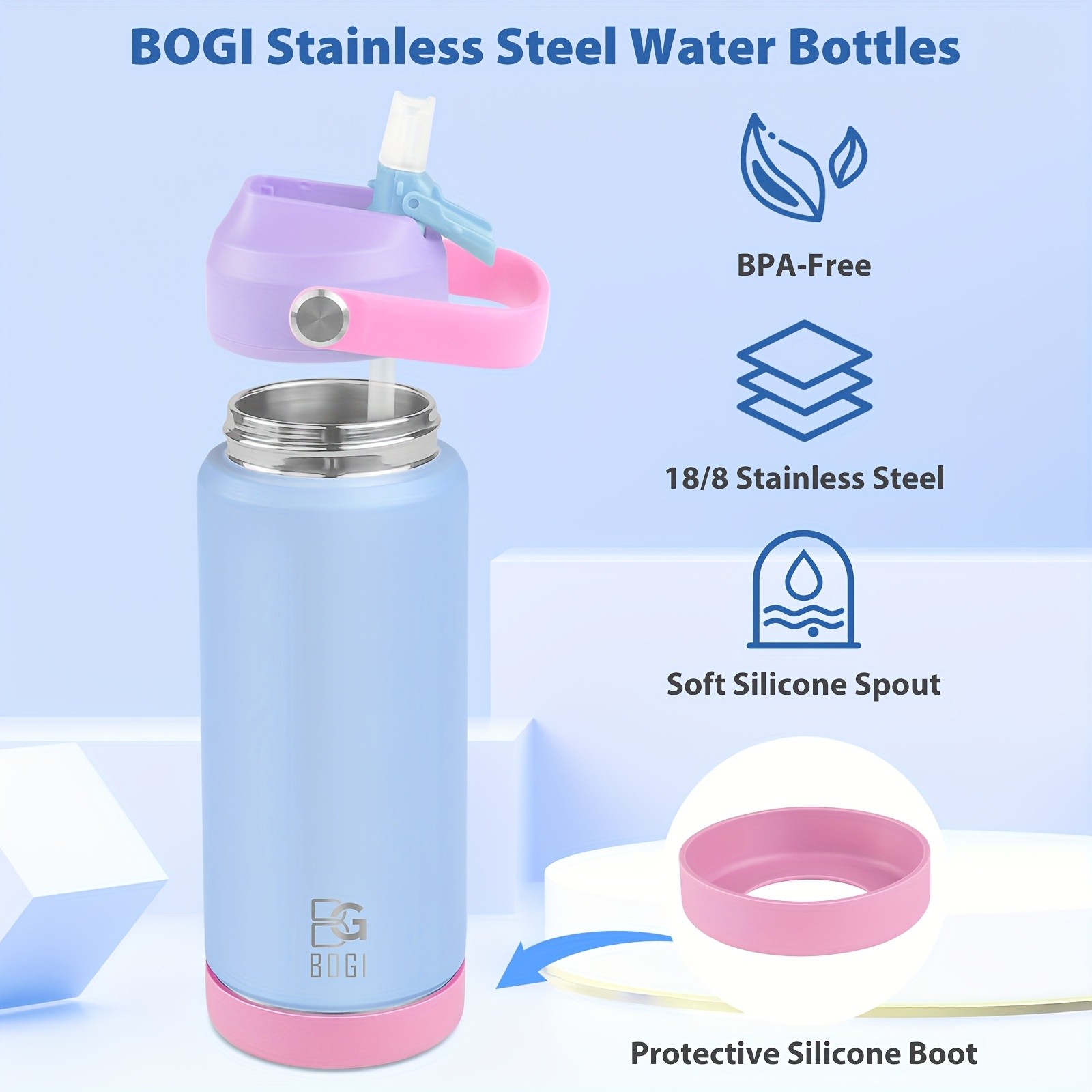 BOGI 18oz Insulated Stainless Steel Water Bottle with Straw