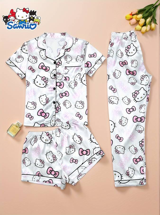 Sanrio HELLO KITTY Youth Pajamas 3-Piece Set Lapel Buttoned Cardigan Top + Trousers + Shorts