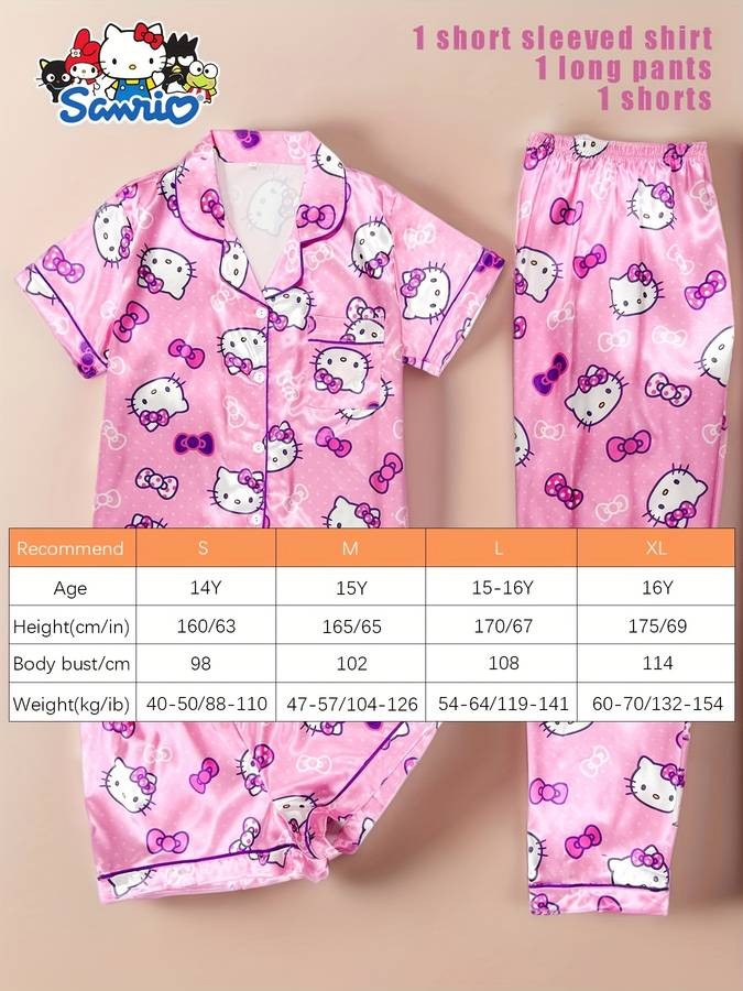 Sanrio HELLO KITTY Youth Pajamas 3-Piece Set Lapel Buttoned Cardigan Top + Trousers + Shorts