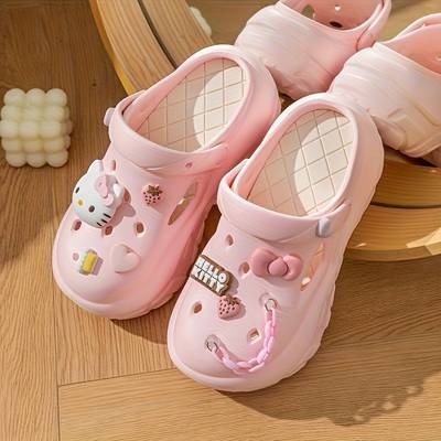 HELLO KITTY Cute Slide Sandals  Lightweight EVA Thick-Sole Slip-Ons for Teens (14+) Breathable  All-Season  Cartoon Hello Kitty Cutout  Perfect for Daily Wear, Beach & Playground
