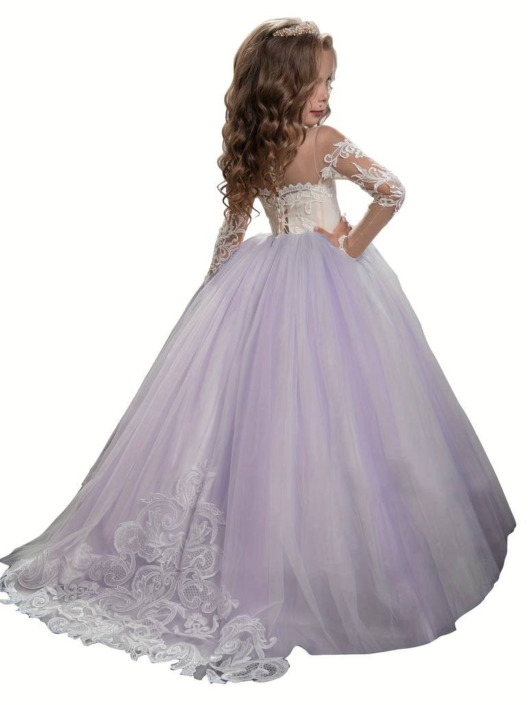 Cute Flower Girl Princess Dress Long Sleeve Christmas Ball Gown (Front Length Measurement) Elegant Party Dress Solid Color Fall/Winter For Girls 12 & Under