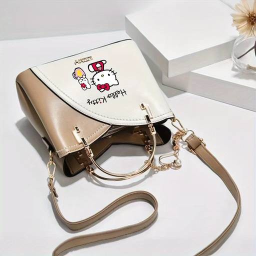 Sanrio Hello Kitty Womens Crossbody Bag / Handbag Official Licensed PU Purse with Adjustable Strap & Chain Accents Zipper Closure Elegant Anime-Inspired Style Mixed-Color Printing Perfect for Daily Use, Travel & Birthday Gifts