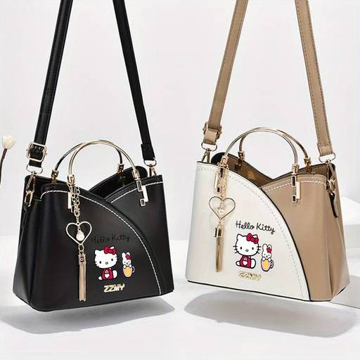 Sanrio Hello Kitty Womens Crossbody Bag / Handbag Official Licensed PU Purse with Adjustable Strap & Chain Accents Zipper Closure Elegant Anime-Inspired Style Mixed-Color Printing Perfect for Daily Use, Travel & Birthday Gifts