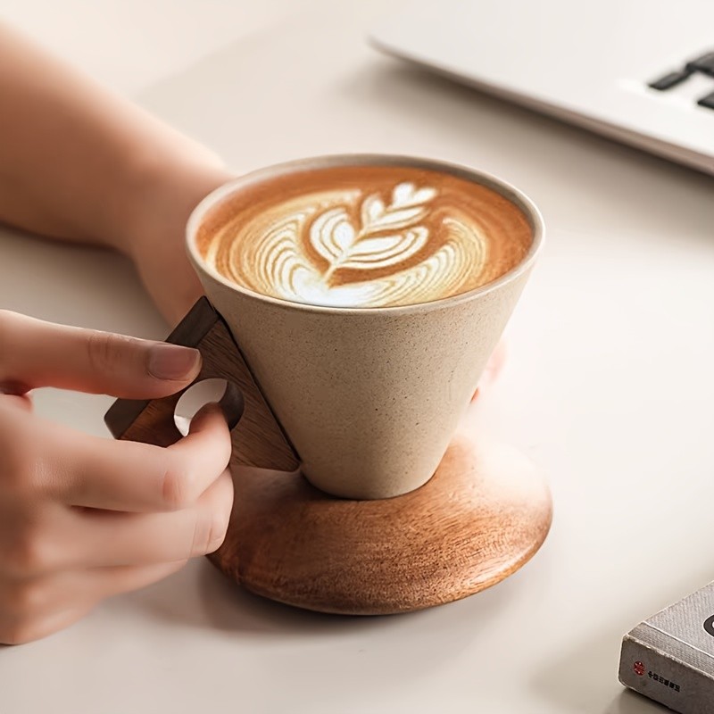 CEEFU Ceramic Coffee & Tea Mug with Wooden Saucer Elegant Smooth-Finish Cup for Latte, Cappuccino & Holiday Drinks