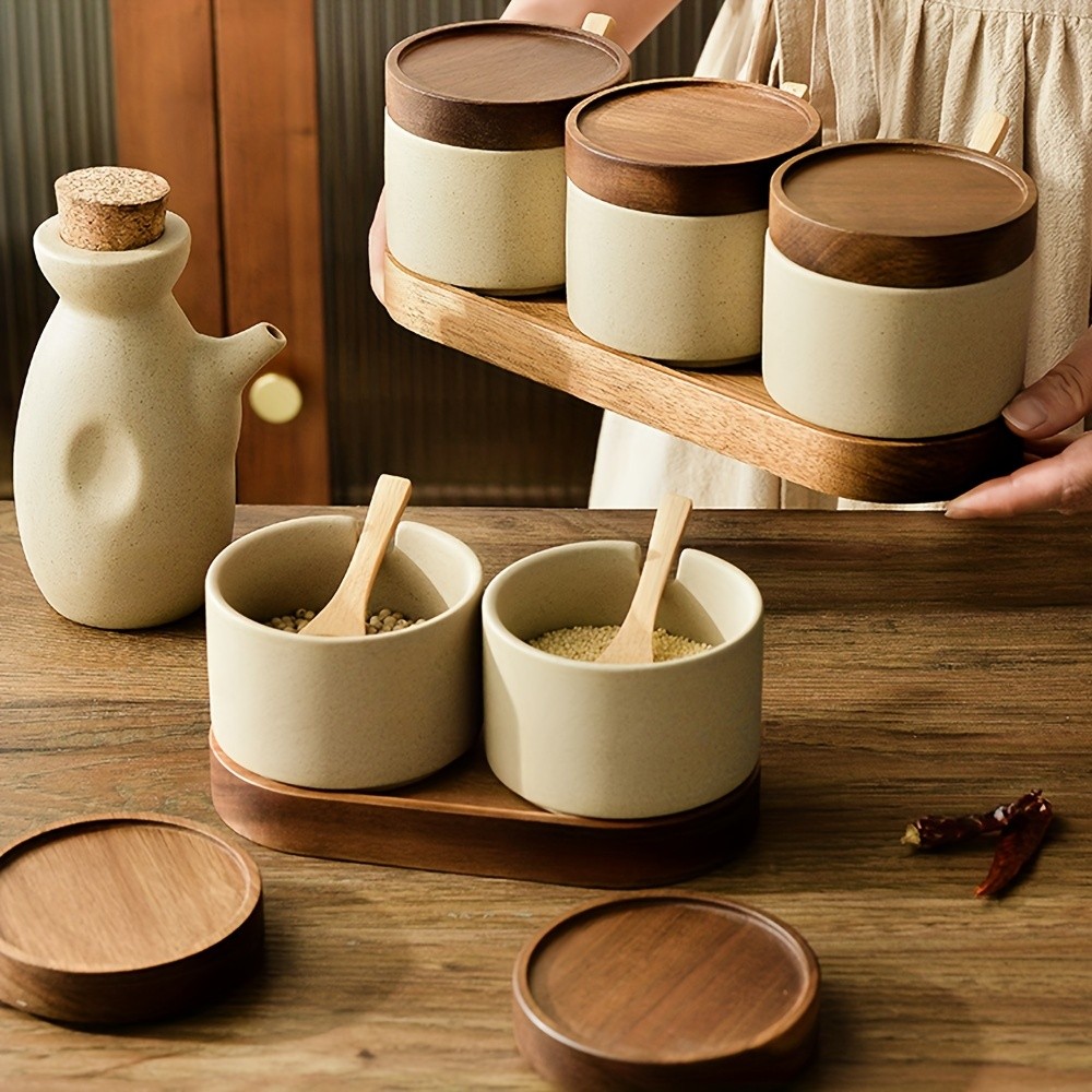 CEEFU Ceramic Spice Jar with Acacia Wood Tray Elegant Porcelain Storage Pot with Lid & Spoon for Salt, Sugar, Coffee & Herbs