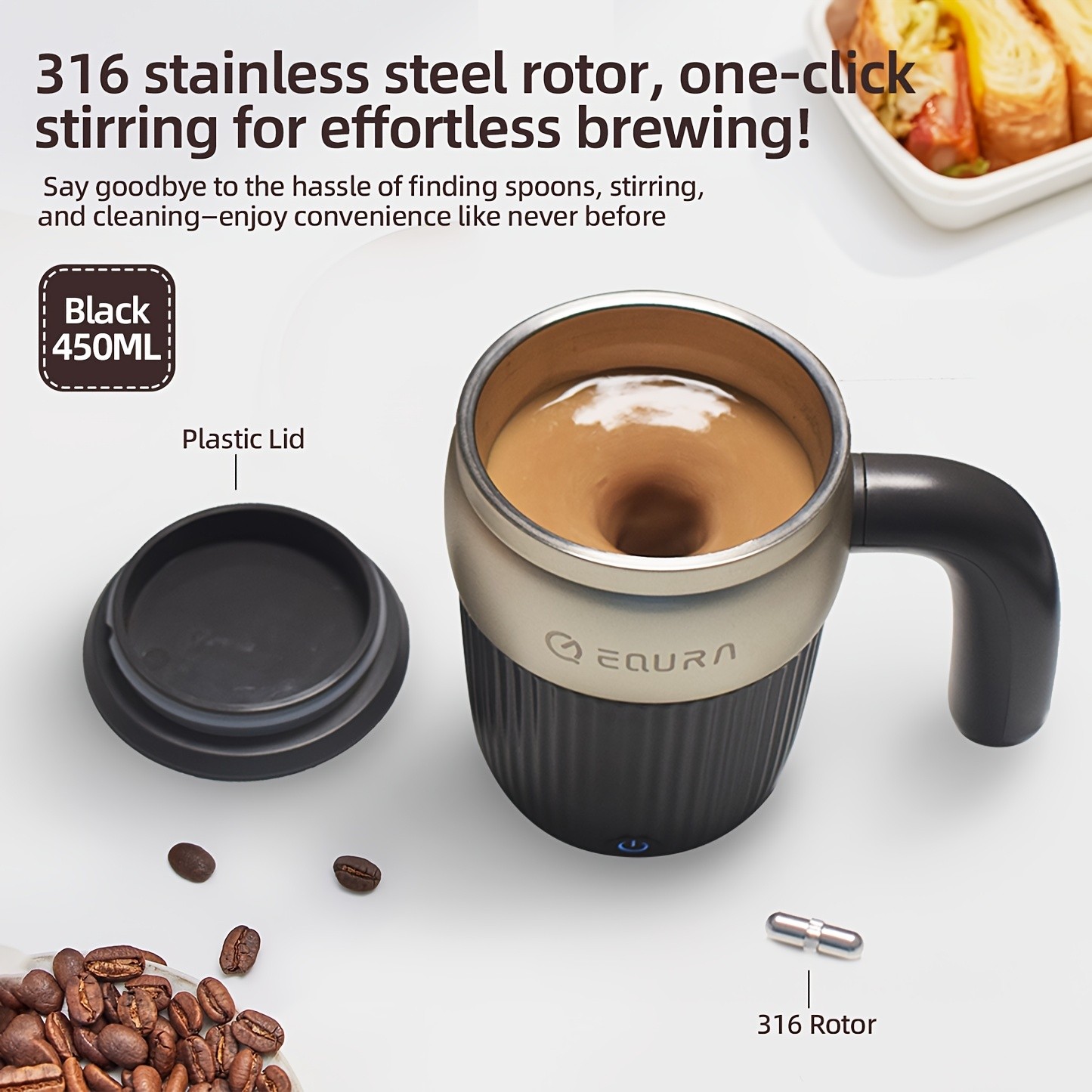 eQUra 450ml Automatic Magnetic Stirring Cup 316 Stainless Steel Self-Mixing Coffee & Milkshake Mug (2025 Gift Edition)