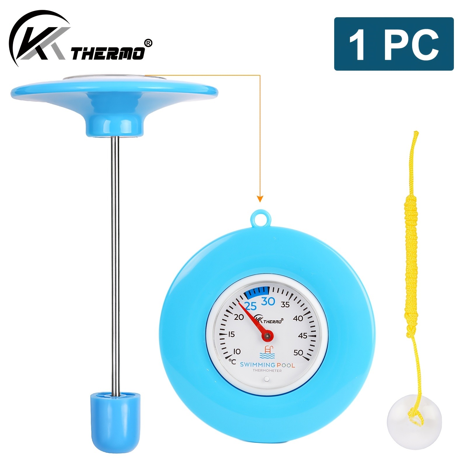 KT THERMO Floating Pool Thermometer Easy-Read Celsius Dial with Rope & Suction Cup for Pools, Spas & Hot Tubs