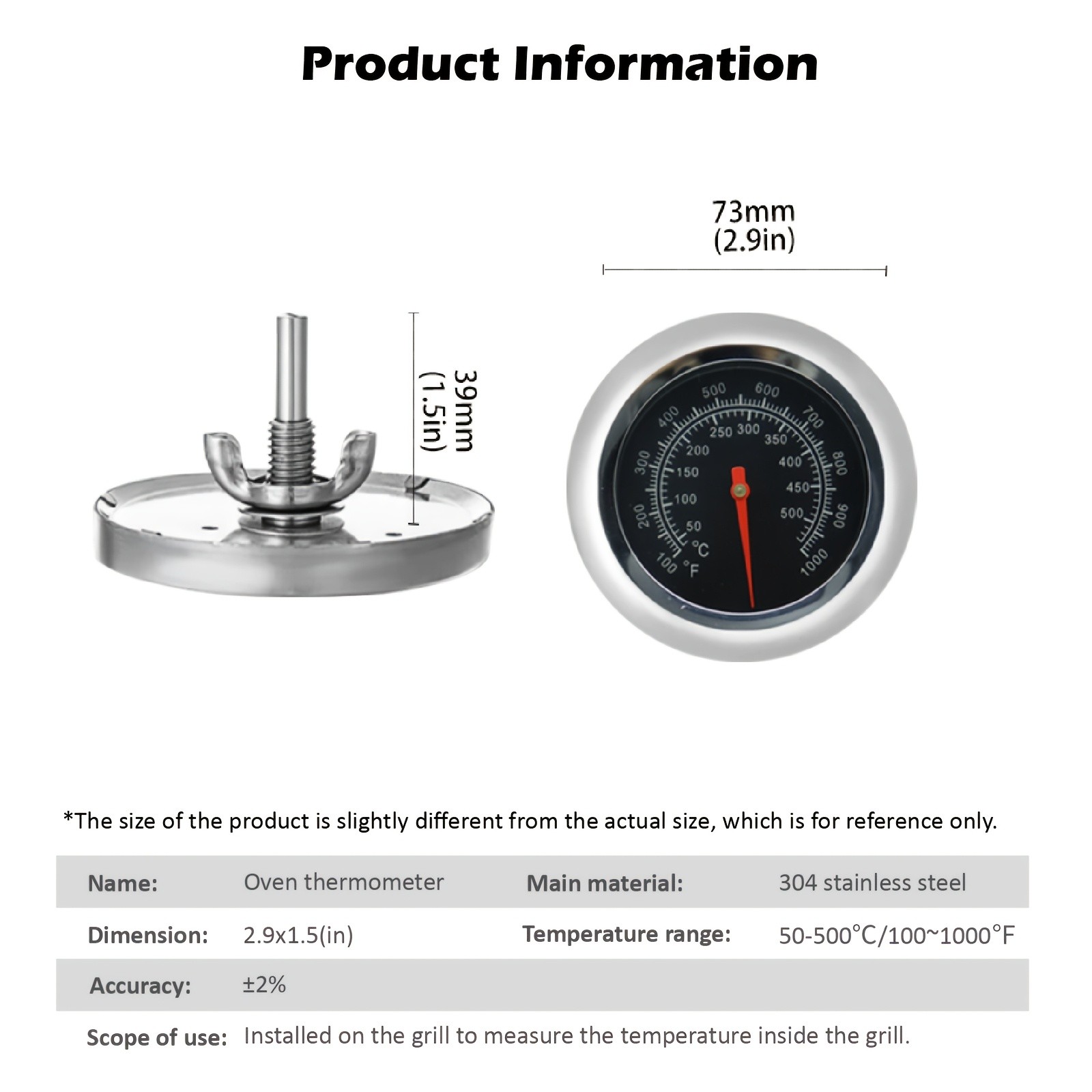 KT THERMO 7.62cm Stainless Steel Grill Thermometer Precision BBQ & Smoker Temperature Gauge for Outdoor Cooking