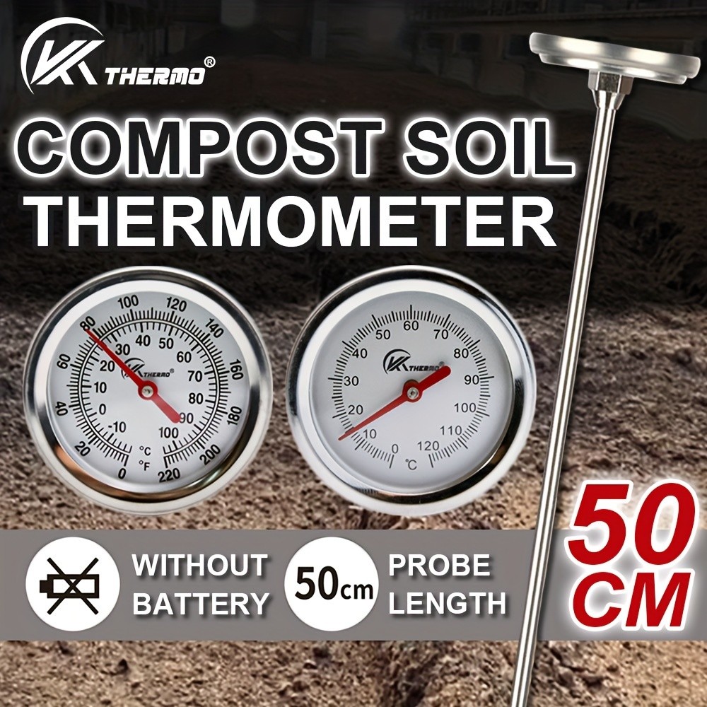 KT THERMO 50cm Stainless Steel Compost & Soil Thermometer Long-Probe C/F Gauge for Gardening, Farming & Outdoor Planting