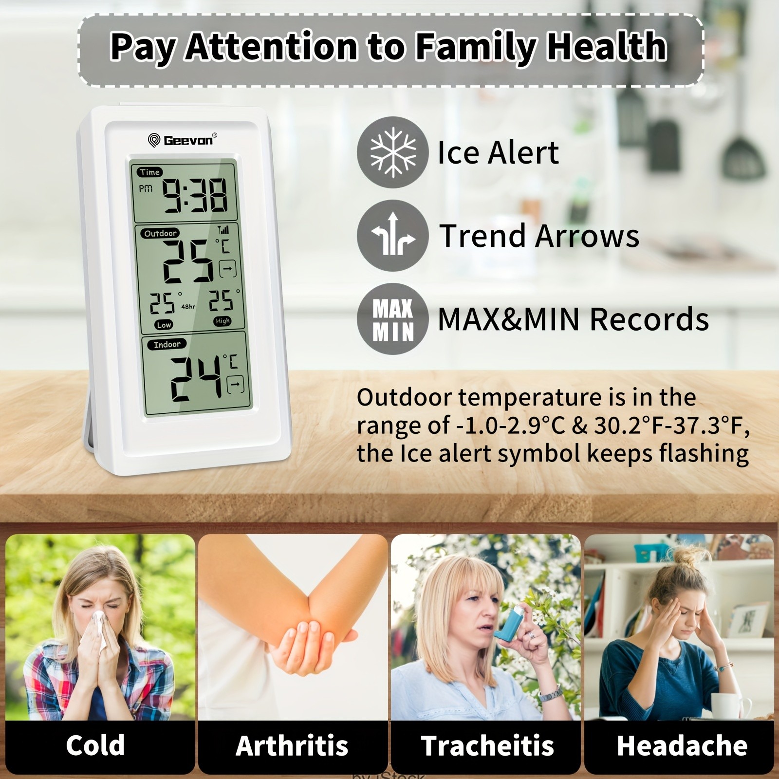 GEEVON Indoor and Outdoor Temperature Meter Wireless Digital Temperature Monitor