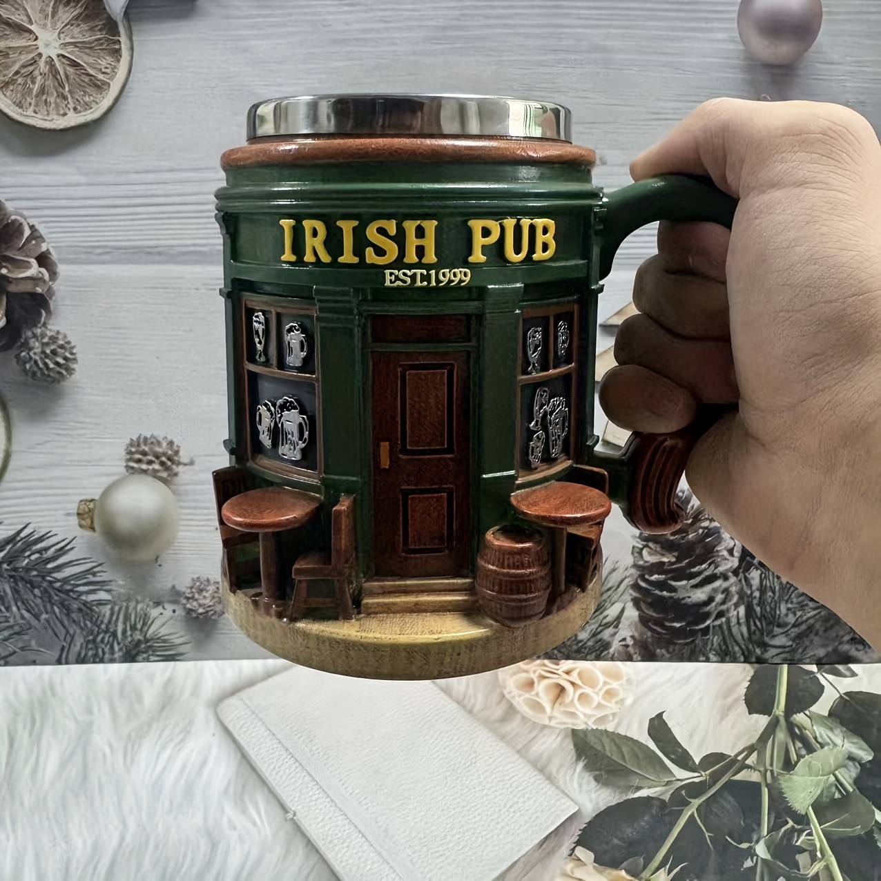 Irish Tree Mug  Stainless Steel & Resin Cup with Shamrock Charm
