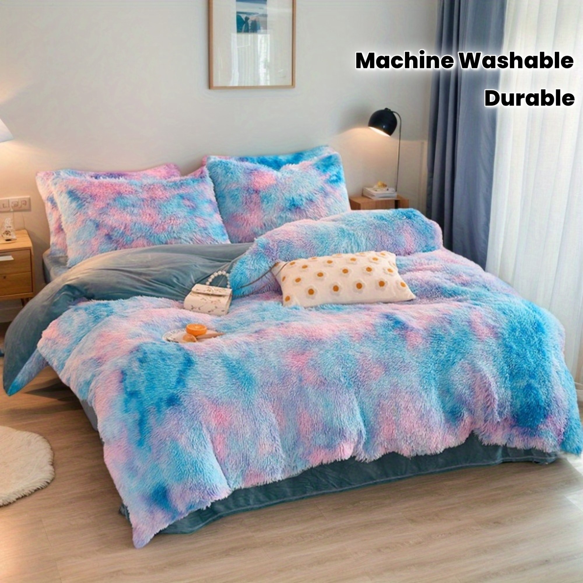 HERTALK 3pcs Y2K Tie-Dye 400TC Luxury Plush Long Fur Donna Duvet Cover Set (1 Duvet Cover + 2 Pillowcases)