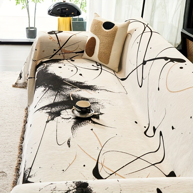 TIANXINBAOBEI Modern Ink Painting Pattern Sofa Cover Towel 100% Polyester, Pet-Friendly, Dustproof Slipcover for Armchairs, Loveseats, 3-Seater, and 4-Seater Sofas
