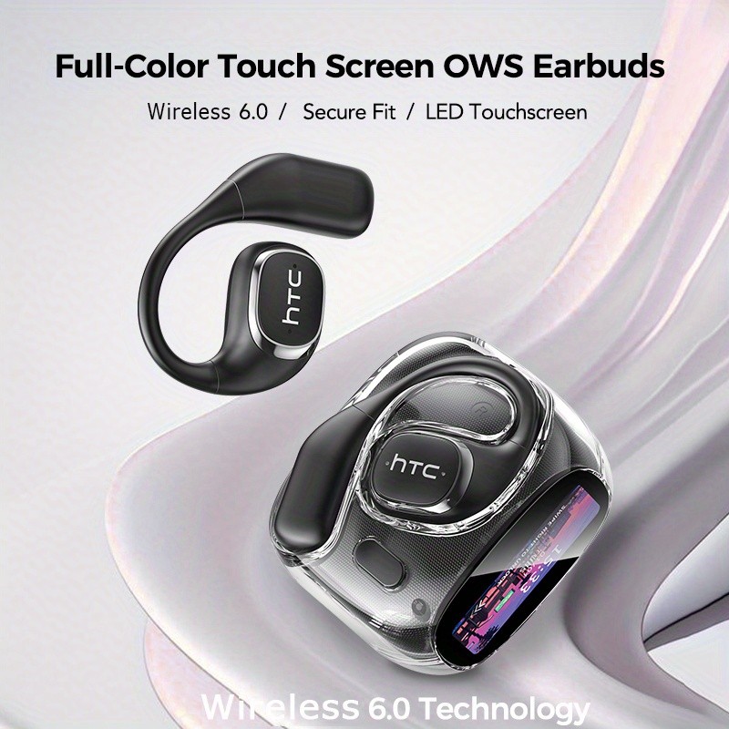 HTC NE11 Wireless Sports Earphones with LCD Smart Screen, Various Sound Effects, AI Intelligent Real-Time Translation, Wireless 6.0 Low Latency, Perfect for Gaming and Calls Ear Hooks Never Fall Off, Comfortable and Stable Wearing, Suitable for Active L
