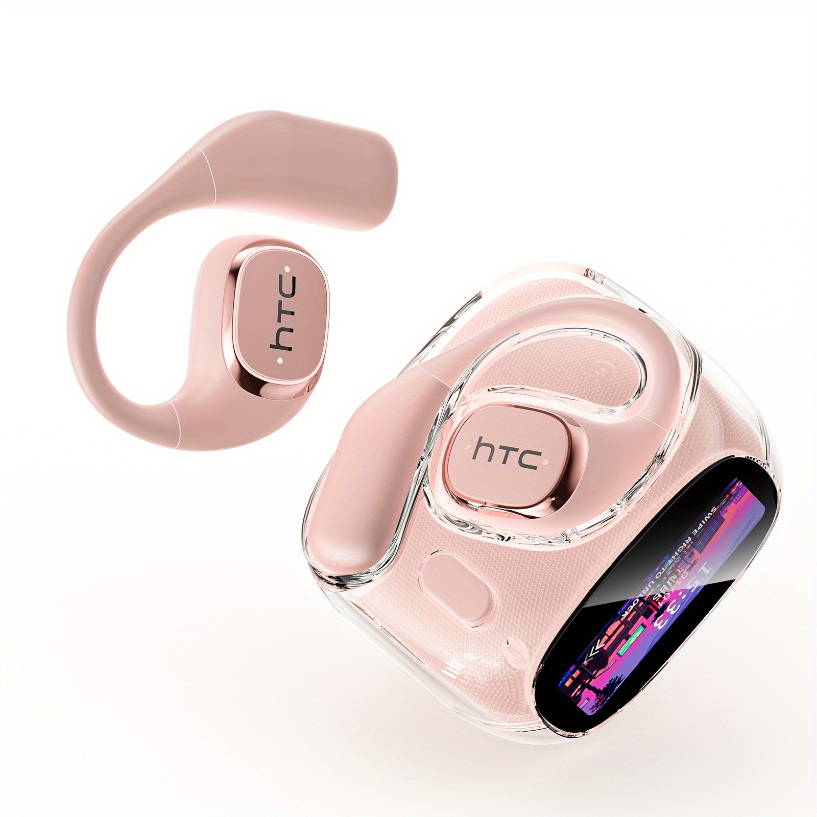HTC NE11 Wireless Sports Earphones with LCD Smart Screen, Various Sound Effects, AI Intelligent Real-Time Translation, Wireless 6.0 Low Latency, Perfect for Gaming and Calls Ear Hooks Never Fall Off, Comfortable and Stable Wearing, Suitable for Active L