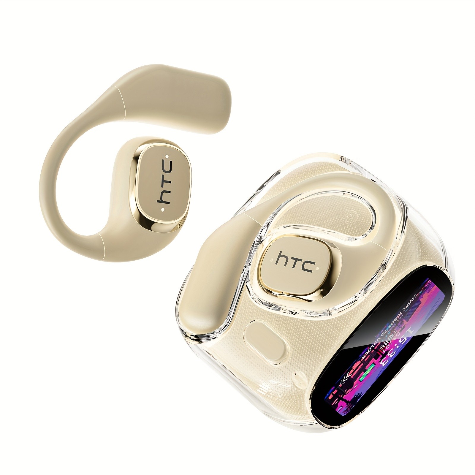 HTC NE11 Wireless Sports Earphones with LCD Smart Screen, Various Sound Effects, AI Intelligent Real-Time Translation, Wireless 6.0 Low Latency, Perfect for Gaming and Calls Ear Hooks Never Fall Off, Comfortable and Stable Wearing, Suitable for Active L