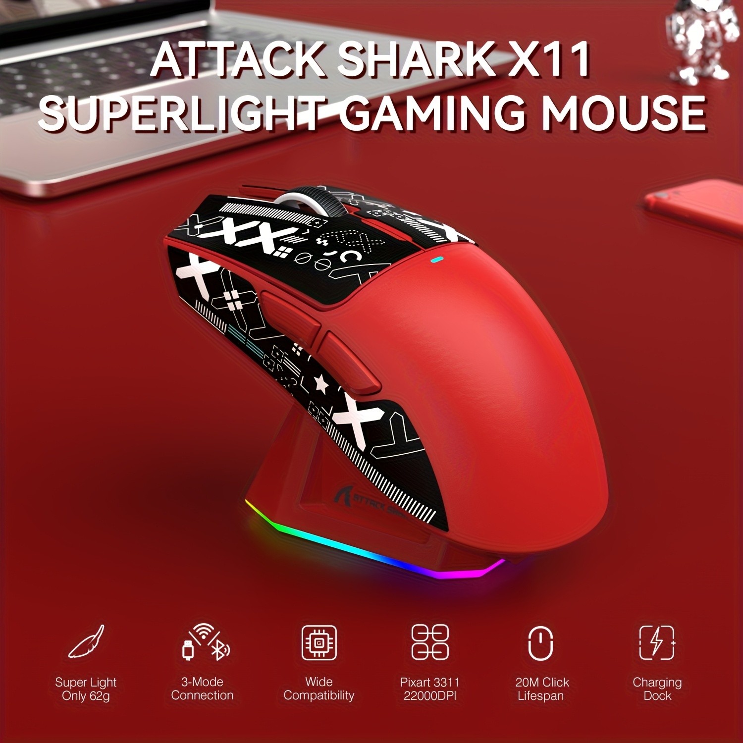 ATTACK SHARK X11 Gaming Mouse Compatible for Xbox/PS/Win11 with Magnetic Charging Dock, BT/2.4G/Wired Wireless Mouse, PixArt PAW3311 Sensor, 22000 DPI, Compatible with PS, Mac, PC, Office & Gaming (White)