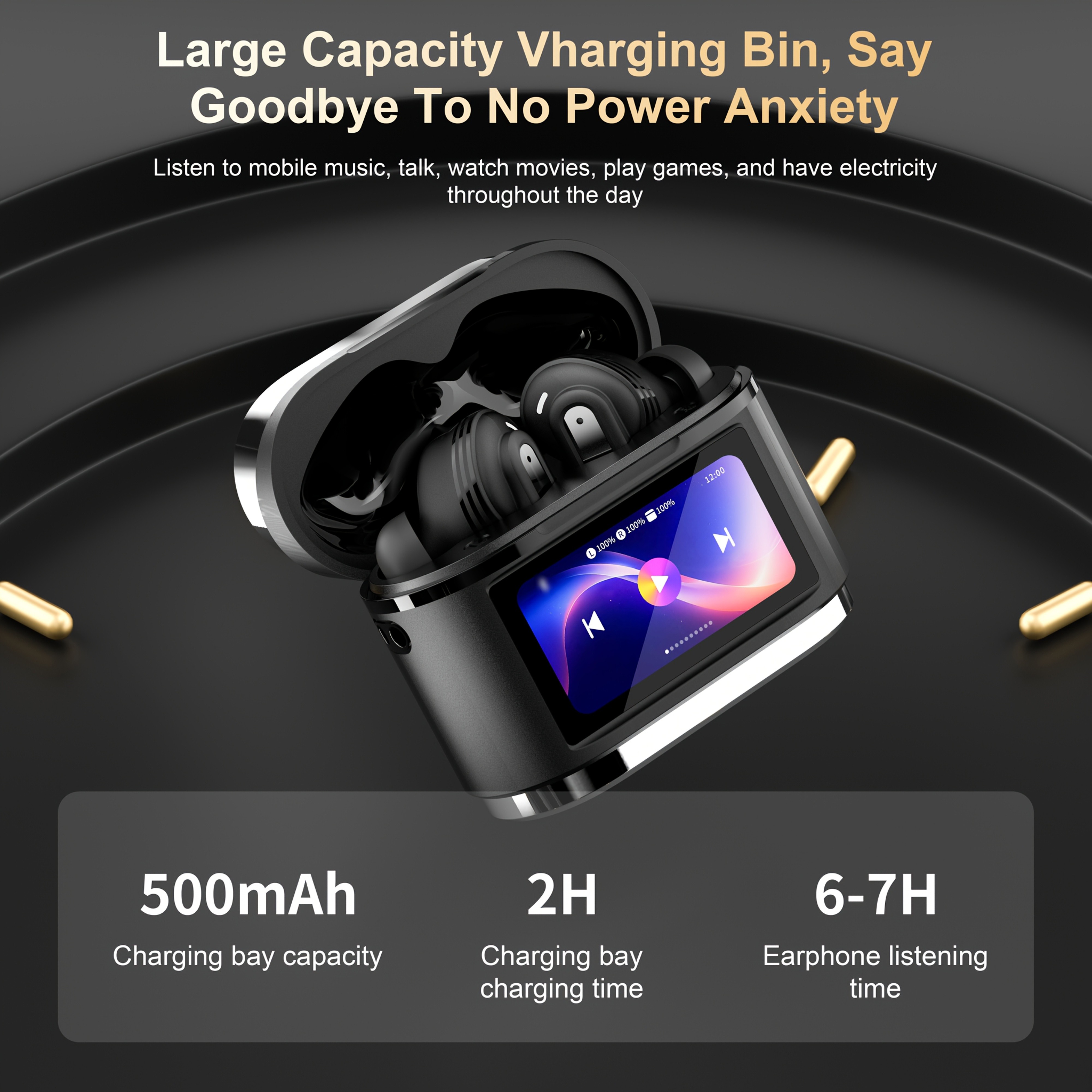 Active Noise-Canceling Headphones with Smart Digital Display Touchscreen, Wireless Earbuds Compatible with iPhone and Android, True Wireless TWS Earbuds, Featuring 6 Microphones for Perfect Calls, Voice Control, Up to 40 Hours of Gaming Time