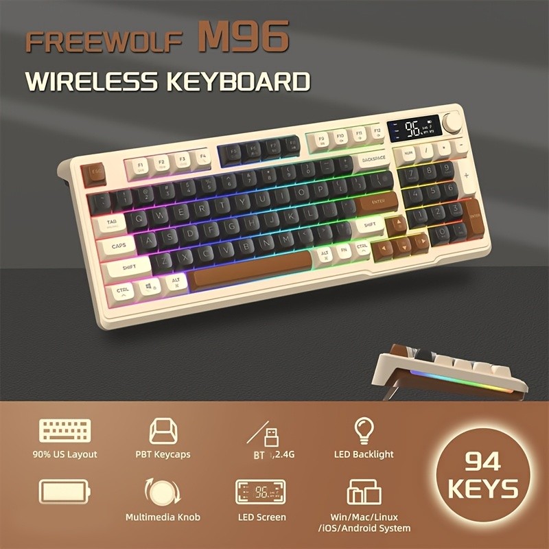 FREEWOLF M96 Wireless Membrane Gaming Keyboard Features a Knob for Controlling Wireless/2.4G Wireless Mechanical Feel, RGB LED Backlighting with Display Screen, PBT Keycaps, US Keyboard Layout, and Compatible with Win/Mac