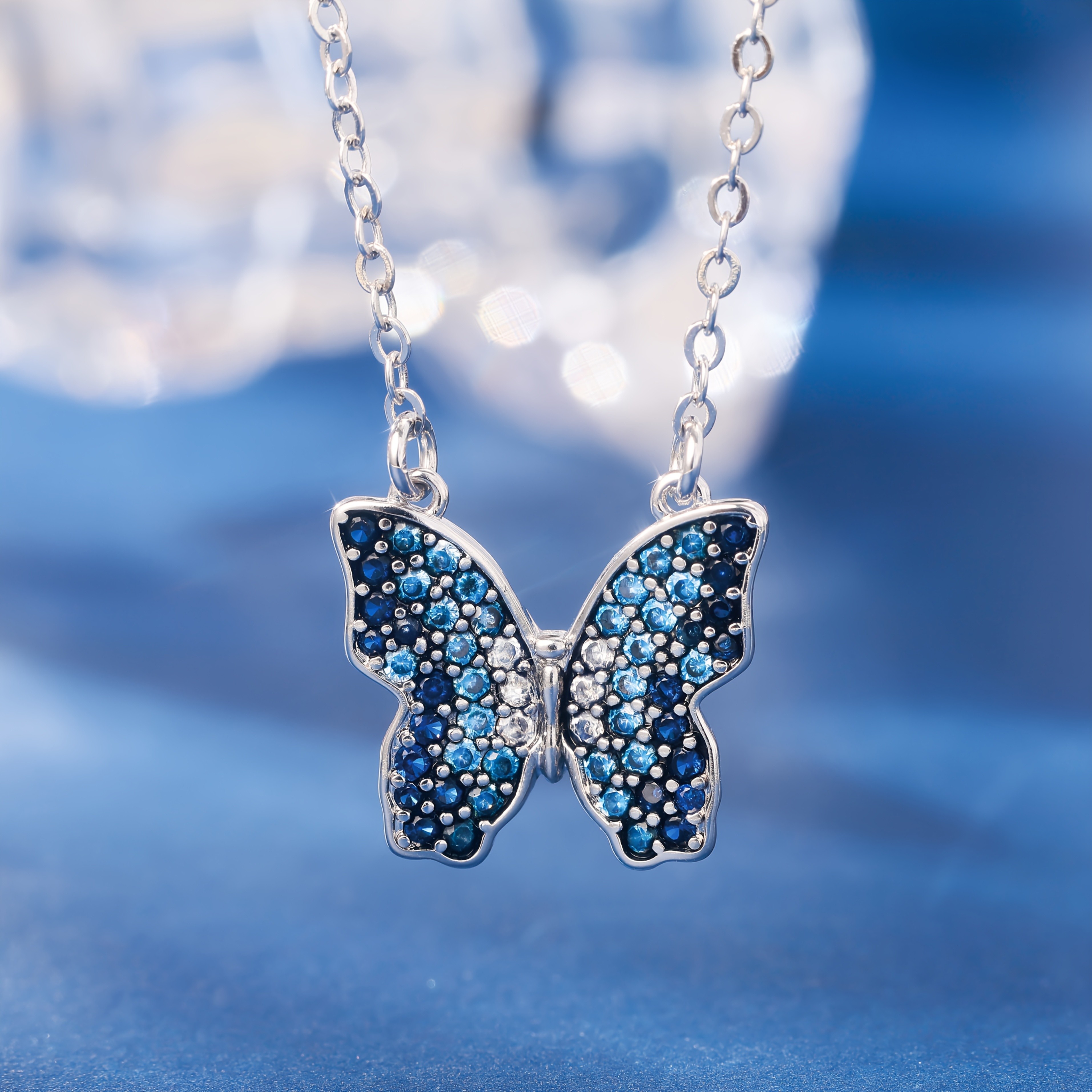 ARTPAGE 25 Silvery Blue Synthetic Zirconia Butterfly Pendant Necklace
